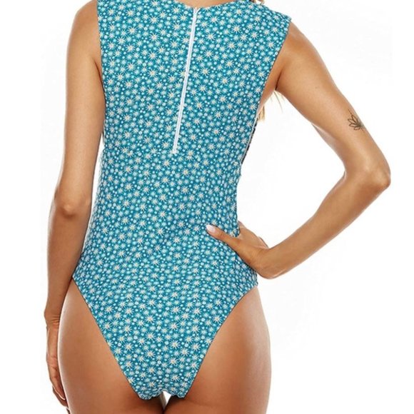 Wenly Zeng Large High Scoop Neck One Pc Swimsuit Back Zipper Blue Flowers Womens - Picture 12 of 13